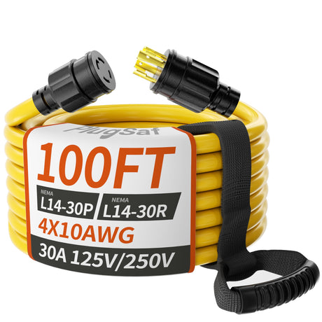 PlugSaf 100FT 30 Amp Generator Extension Cord 4 Prong, NEMA L14-30P/L14-30R 10 Gauge STW 125/250V Twist Lock Generator Cord Heavy Duty, Yellow ETL Listed PlugSaf