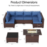 Amopatio 8 Piece Outdoor Patio Furniture Set with 44” Fire Pit Table Rattan Conversation Sectional Sets, Patio Couch with Tempered Glass Tea Table, Thickened Navy Cushions for Porch Backyard Lounge Amopatio