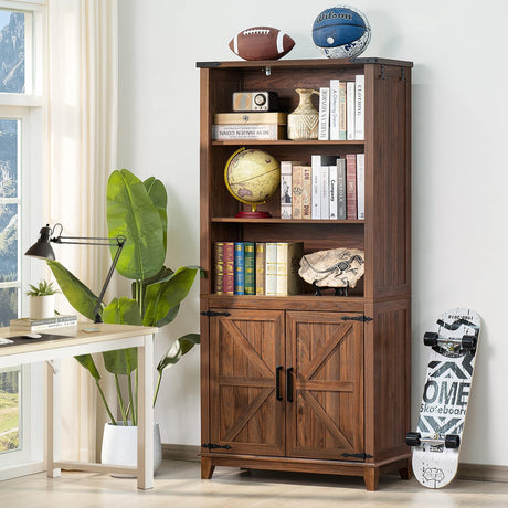 Joaxswe 70in Tall Bookshelf 5 Tier Bookcase with Barn Doors and Adjustable Shelves, Brown Farmhouse Book Shelf with Storage Cabinet, Wood Freestanding Display Bookshelves for Bedroom, Living Room Joaxswe