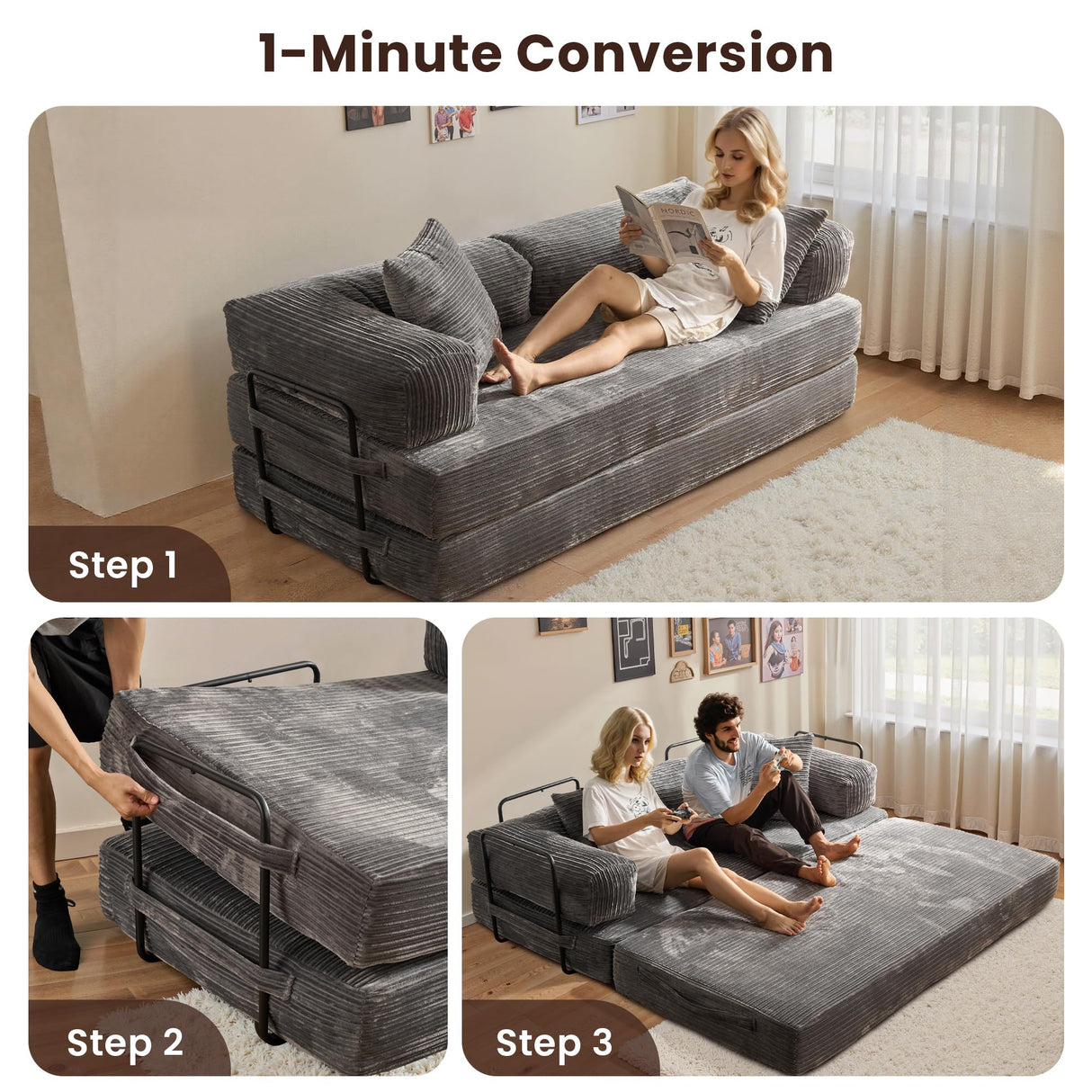 weaxty W 81" Convertible Sleeper Sofa Bed No Assembly - Corduroy Teddy Floor Couch with Fixed-Shape Frame - Boneless Foldable Loveseat for Small Spaces Living Room (Gray, Sofa Bed) weaxty W