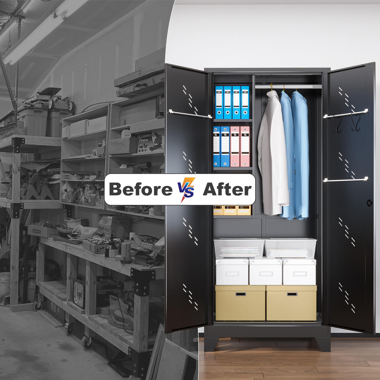 YILFANA Metal Storage Cabinet with Lockable Doors, 75" Steel Storage Locker Tool Cabinet with Hanging Rod & S-Hooks, Tall Garage Cabinets, Black, 75" H x 33.85" W x 16.53" D YILFANA