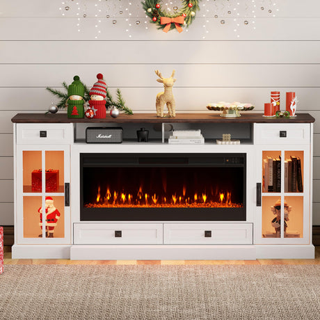 YUMPIE Farmhouse Fireplace TV Stand for TVs up to 80", 70 Inch Large TV Stand with Lighting Glass Door Cabinets/Drawers/Adjustable Shelves, Entertainment Center with 43" Electric Fireplace, White YUMPIE