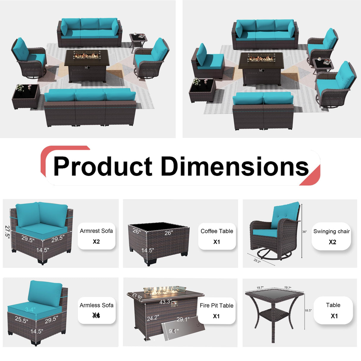 Kurapika 11 Pieces Patio Furniture Set, Rattan Wicker Outdoor Conversation Sets w/43in Propane Fire Pit Table, Swivel Rocking Chairs Patio Sectional Sofa w/4 Inch Cushion, Blue Kurapika