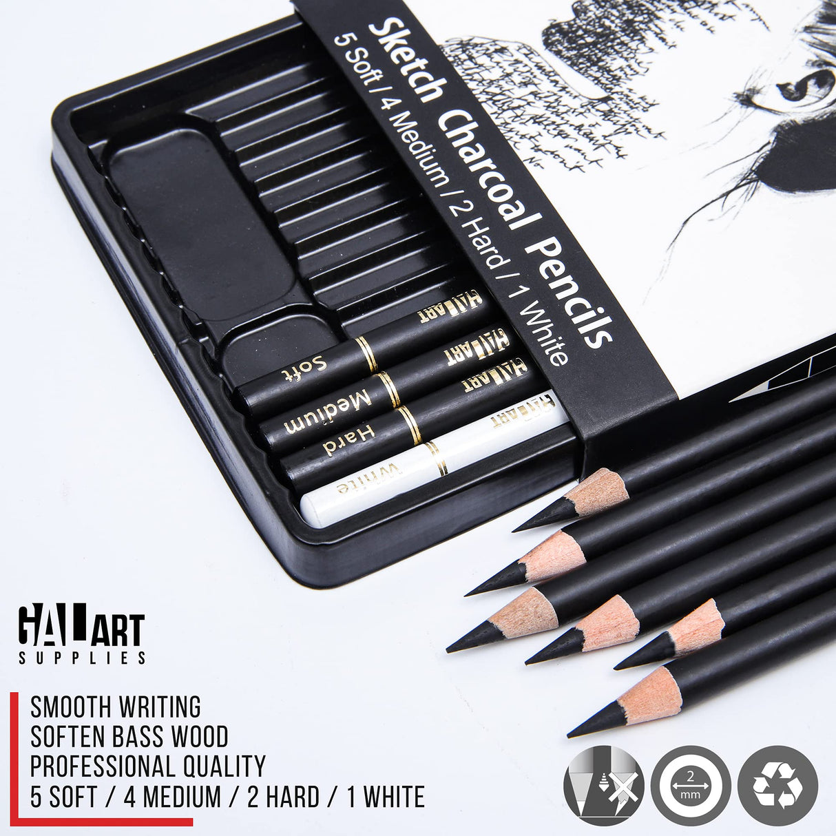 Galart Supplies Charcoal Drawing Set with Organizer Tray – 12 Pieces Soft, Medium, Hard and White Charcoal Pencils for Drawing, Shading and Sketching for Artists and Beginners Galart Supplies
