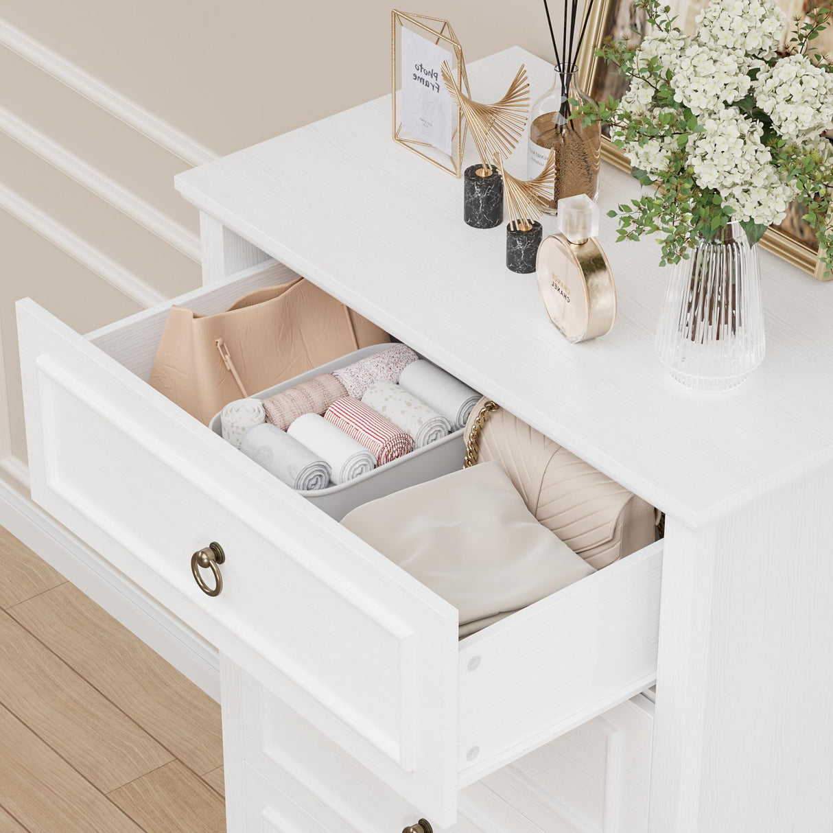 HOSTACK Dresser for Bedroom, 44" Tall Dresser with 5 Drawers, White Chest of Drawers with Storage, Modern Farmhouse Wood Dressers for Closet, Living Room, Hallway HOSTACK