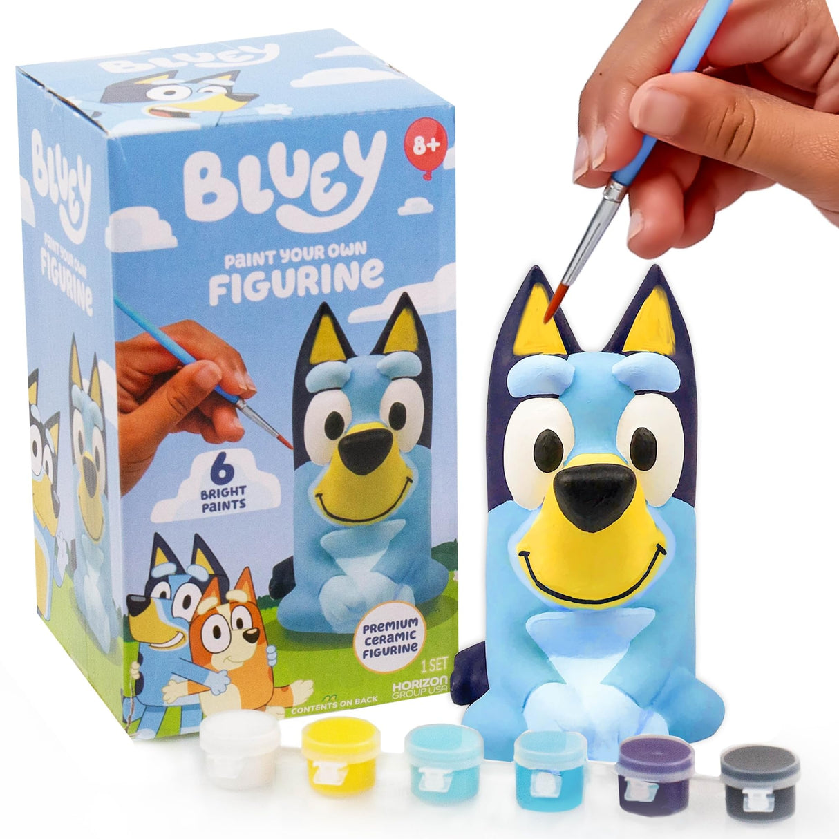 Bluey Paint Your Own Figurine, Fun Paintable Ceramic Bluey Figurine, Includes 6 Acrylic Paints, Paintbrush, Bluey Toys, Bluey Birthday Decorations, Bluey Party Favors, Kids Activities, Bluey Figures Horizon Group USA