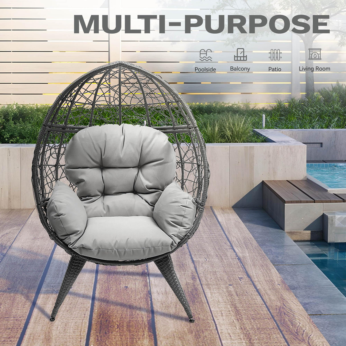DWVO Oversized Egg Chair with Stand Rattan Outdoor Chairs, Large Lounger Chair with Cushion, Adjustable Leveling Feet, Egg Chair Indoor for Bedroom, Living Room, Outdoor Backyard, Patio, Garden, Grey DWVO