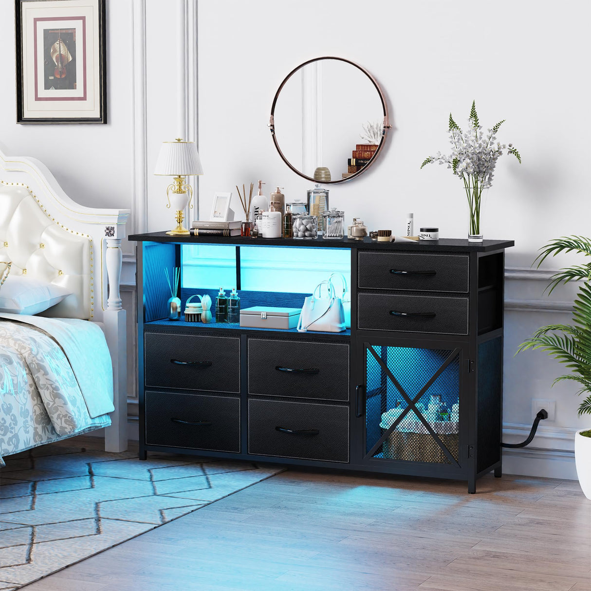 SZLHANJZ Dresser for Bedroom with LED Lights, TV Stand with Charging Station for 50 inch TV, 6 Drawers Chest with Door and Side Storage, Long Metal Dresser Table for Living Room, Black SZLHANJZ