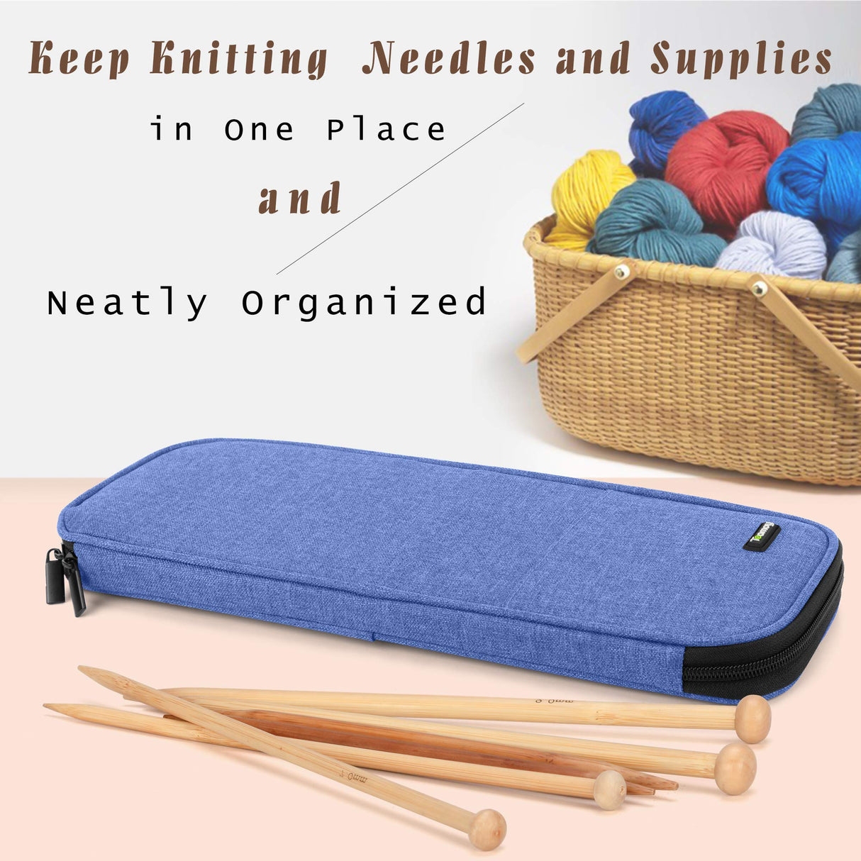 Teamoy Knitting Needles Case (Up to 14''), Travel Organizer Storage Bag for Knitting Needles, Tunisian Crochet Hooks and Accessories, Blue Teamoy