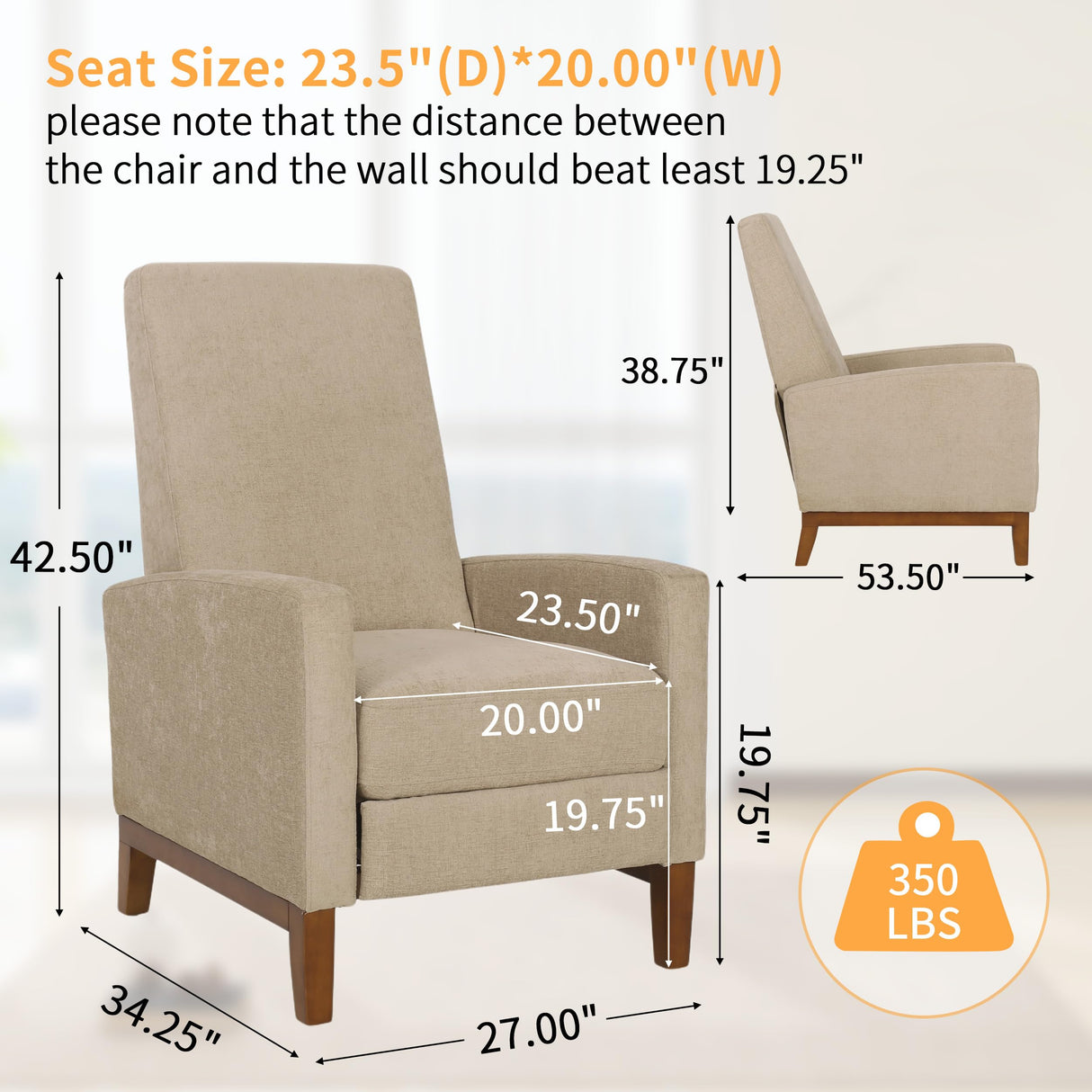 QKFF Push Back Recliner Chair, Adjustable Modern Reclining Chair with Solid Wood Legs Thick Seat Cushion and Backrest Small Recliners for Small Spaces Living Room QKFF