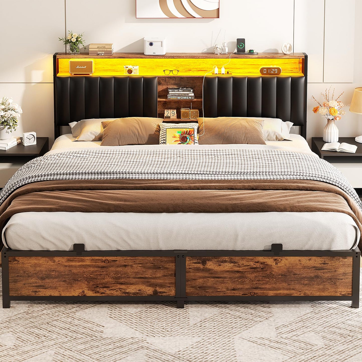 Aheaplus King Size Bed Frame with Charging Station, LED Lights & Leather Headboard in Rustic Brown - WoodArtSupply