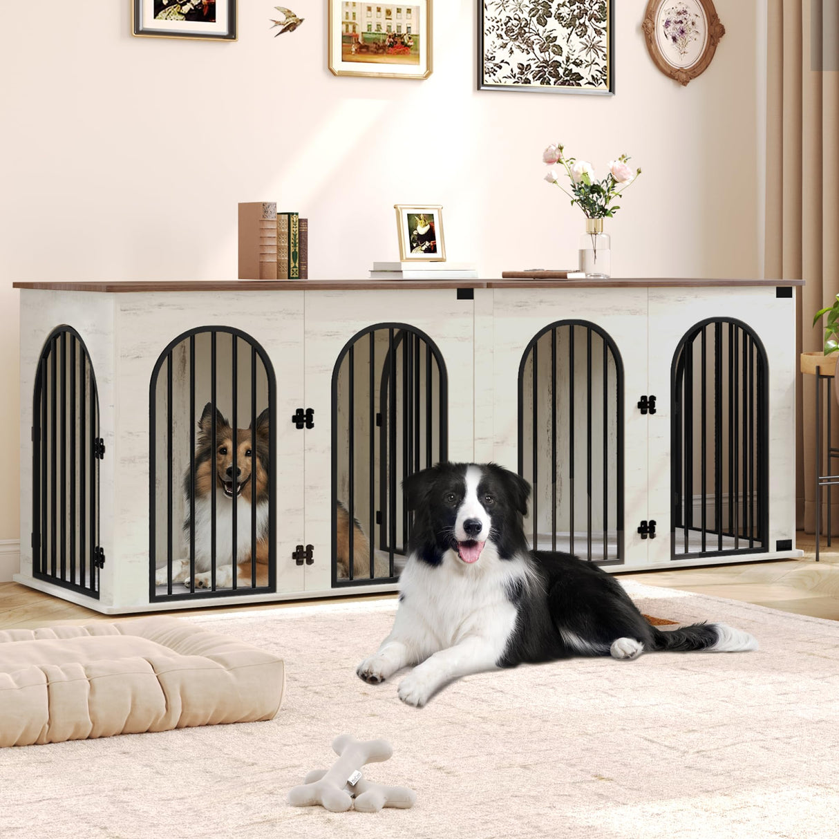 Hzuaneri 88.4" Dog Crate Furniture for 2 Dogs, Heavy Duty Indoor Dog Kennel TV Stand, XXL Wooden Dog Cage with Divider for Medium Large Dogs, End Table Dog Crate with Cushion, White Brown DFC84014BV1 Hzuaneri