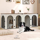 Hzuaneri 88.4" Dog Crate Furniture for 2 Dogs, Heavy Duty Indoor Dog Kennel TV Stand, XXL Wooden Dog Cage with Divider for Medium Large Dogs, End Table Dog Crate with Cushion, White Brown DFC84014BV1 Hzuaneri