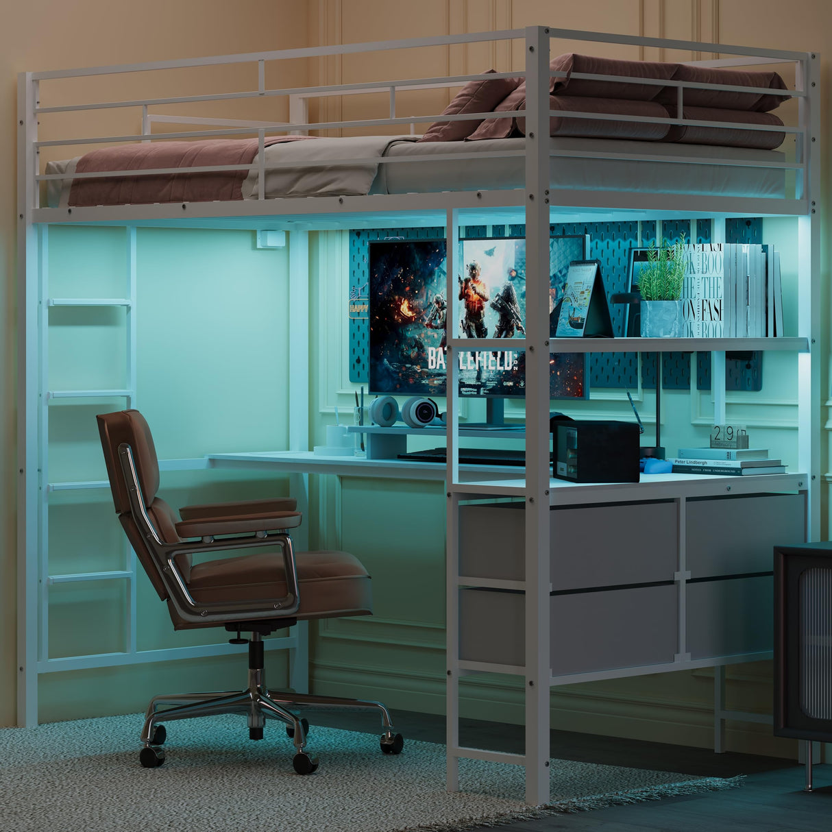 VINGLI Twin Loft Bed with 15 Inches Safety Guardrail/L-Shaped Desk/Flat Rungs, LED Single High Sleeper with 2 Charging Stations/Storage Shelves/Dresser, Heavy Duty Metal Support Slat, White VINGLI