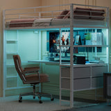 VINGLI Twin Loft Bed with 15 Inches Safety Guardrail/L-Shaped Desk/Flat Rungs, LED Single High Sleeper with 2 Charging Stations/Storage Shelves/Dresser, Heavy Duty Metal Support Slat, White VINGLI