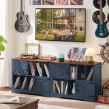 Joaxswe Large Record Player Stand with Vinyl Storage Up to 450 Albums, 39 Inch Farmhouse Wood Navy Blue Vinyl Records Storage Cabinet with Barn Doors, Mid-Century Turntable Stand for Living Room Joaxswe