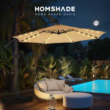 HOMSHADE 10ft Solar Lights Offset Cantilever Patio Umbrella - with Light and Base, LED Lighted Offset Hanging Patio Outdoor Market Umbrella UPF50+ UV Protection with Easy Tilt and Crank (Beige) HOMSHADE