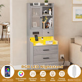BTHFST Grey Nightstand Set of 2, LED Night Stand Set 2 with Charging Station, Tall Bedside Table with Bookshelf & Drawers, End Side Table with Lights & Storage BTHFST