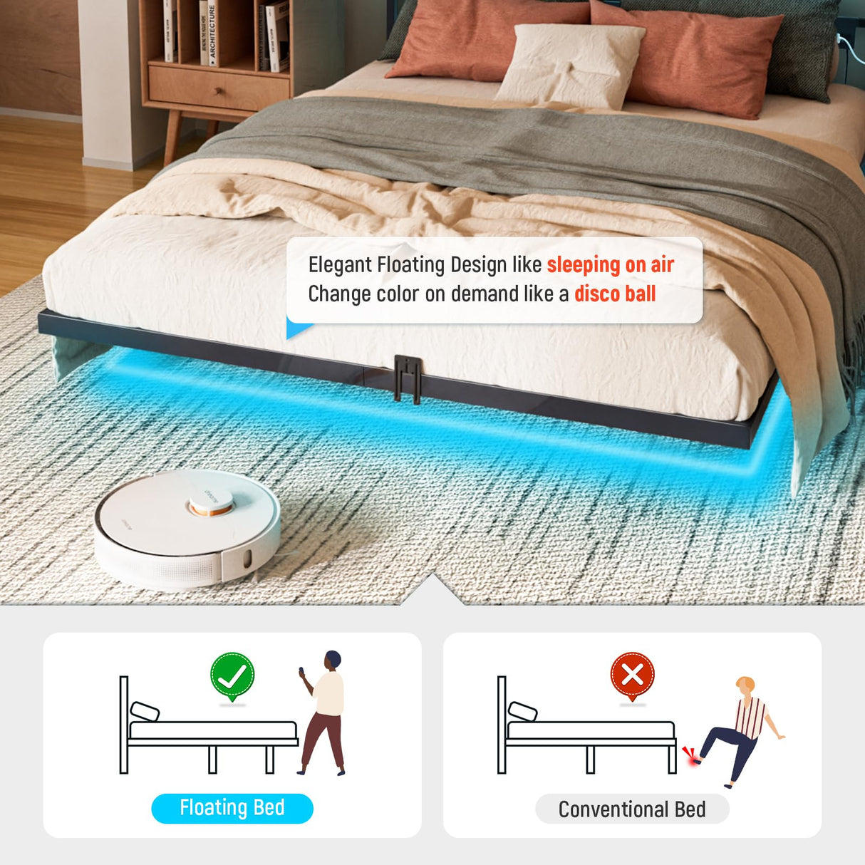 Domus Homeware Floating Queen Size Platform Bed Frame with LED Lights & Charging Station - Includes Powered Screwdriver for Assembly, Mattress Fasteners & Corner Pads, Hardened Steel Domus Homeware