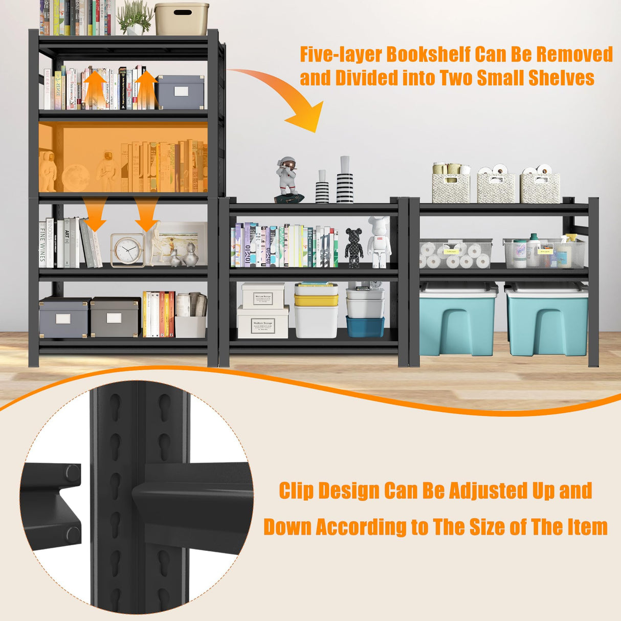 Book Shelf, Metal Bookshelves, Heavy Duty Steel Bookcases, Large Storage Capacity Adjustable Tall Industrial Bookshelf for Living Room, Bedroom and Library, Black (5-Tier With Fence 72''Hx36''Wx16''D) ErgoNova