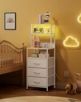 WLIVE Tall White Nightstand with Charging Station, LED Night Stand with 3 Fabric Drawers and Storage Open Shelves, Bedroom Nightstand Table, Bed Side Table for Living Room WLIVE