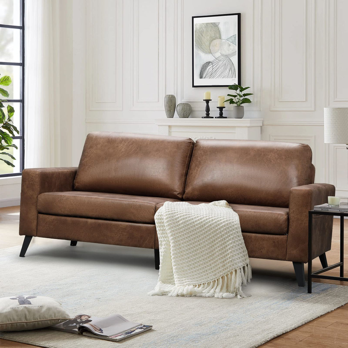 Esright 79 Inch Sofa Couch for Living Room, Small Couches, Faux Leather Loveseat, Mid Century Modern Sofas, Brown Comfy Love Seat for Bedroom, Apartment, Lounge, Office Esright