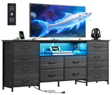 WLIVE 12 Drawer Dresser for Bedroom, Black Dresser TV Stand for 65, 70, 75 inch TV with Led Light & Charging Station, Wide Chest of Drawers with Open Shelves, Fabric Dressers for Closet, Living Room WLIVE
