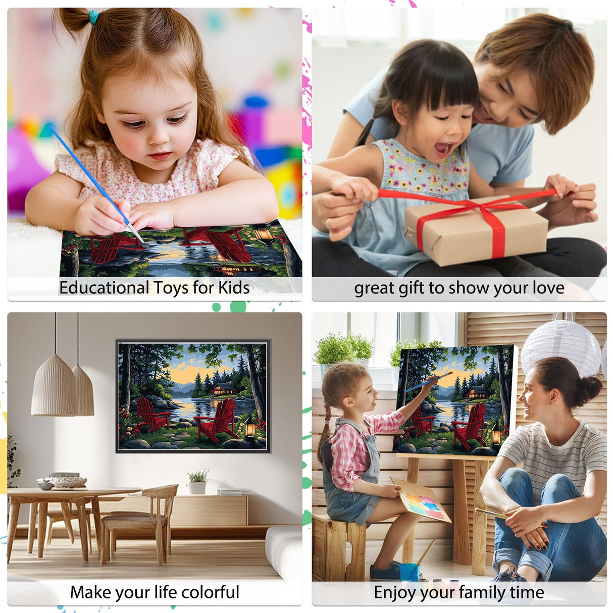 EOBROMD Framed Paint by Numbers Kits for Adults Lake, DIY Kits Crafts for Beginner on Stretched Canvas, 3 Paint Brushes and Acrylic Paint for Home Decor 16x12inch EOBROMD