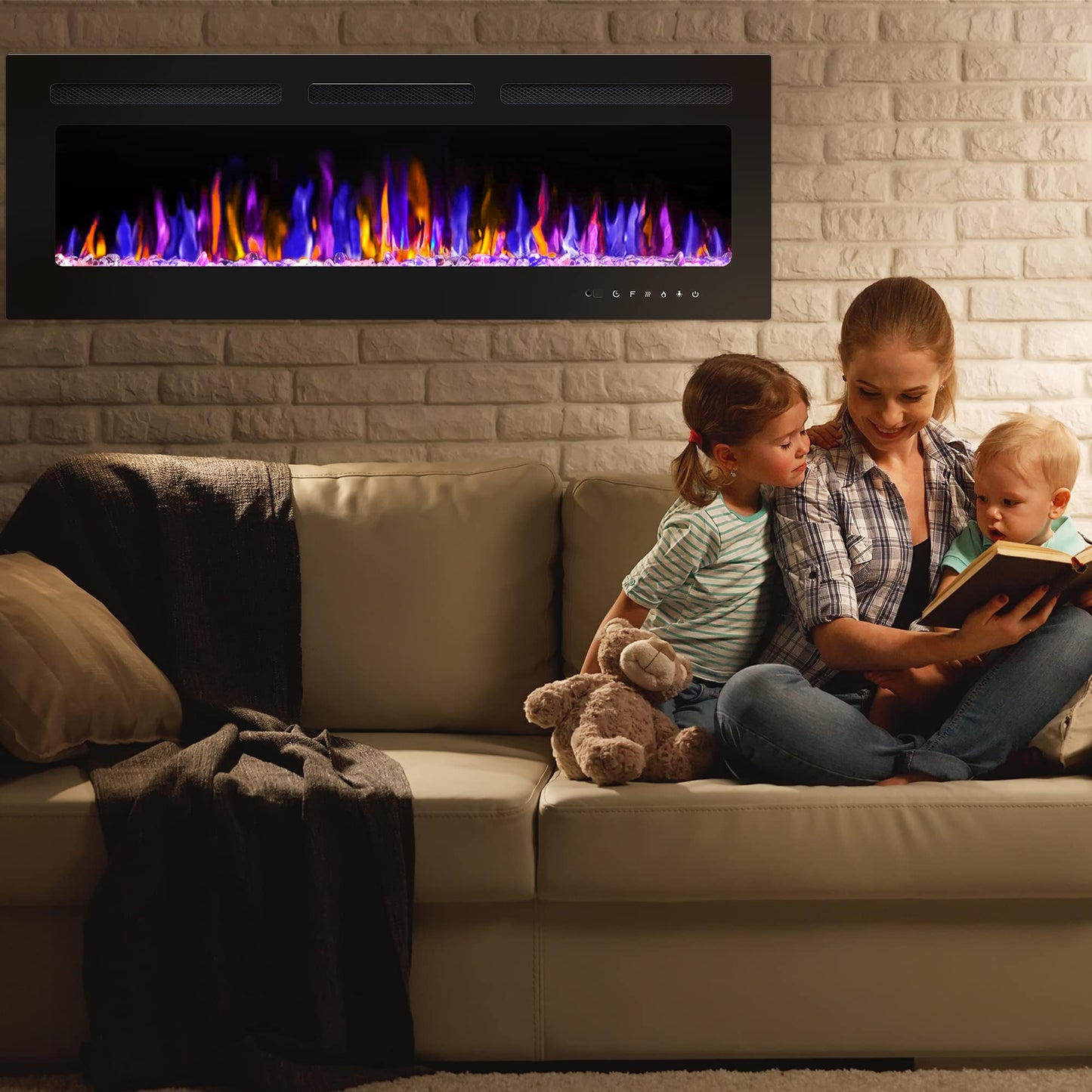 BETELNUT 50" Electric Fireplace Wall Mounted and Recessed with Remote Control, 750/1500W Ultra-Thin Wall Fireplace Heater W/Timer Adjustable Flame Color and Brightness, Log Set & Crystal Options