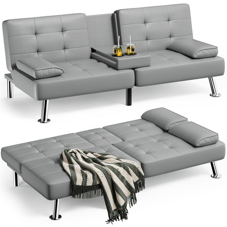Homall Futon Sofa Bed, Leather Futon Couch with Removable Armrests, Adjustable Recliner Sleeper Sofa Bed with Dual Cup Holders for Living Room, Apartment, Office (Grey) Homall