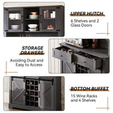 ARTPOWER Wine Bar Cabinet with Sliding Barn Door, 72" Hutch Cabinet with Wine&Glasses Rack, Tall Farmhouse Kitchen Pantry Buffet with Drawers for Dining Room, Gray ARTPOWER