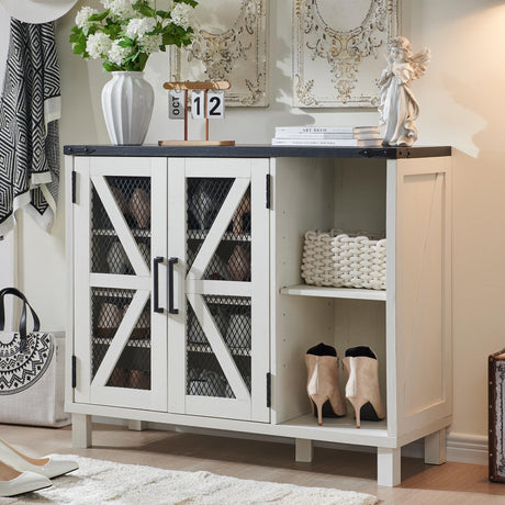 JXQTLINGMU Shoe Storage Cabinet, 38" Wide Farmhouse Shoe Cabinet with Mesh Doors and Adjustable Shelves, Rustic Wooden Shoe Organizer, Modern Large Shoe Cabinet Storage for Entryway, Off White JXQTLINGMU