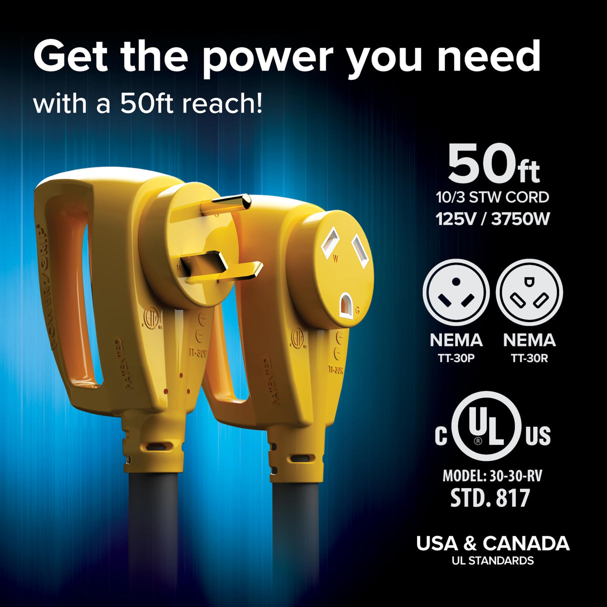 Camco PowerGrip 50-Ft 30-Amp Camper/RV Extension Cord - Standard 30-Amp Male & 30-Amp Female Connectors - Crafted of 10-Gauge Copper Wires w/Heat Resilient PVC Coating - Rated for 125V/3750W (55197) Camco