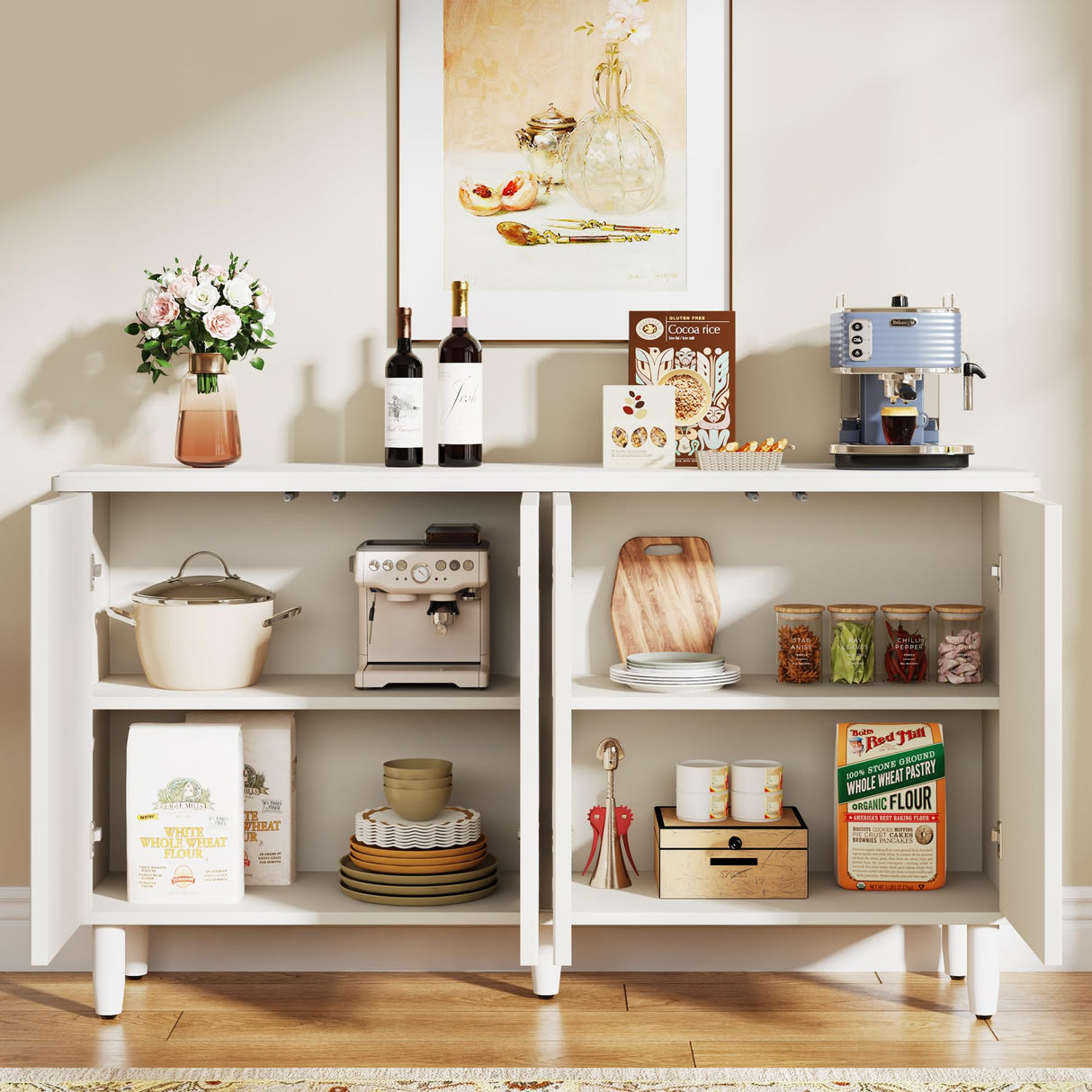 Tribesigns Buffet Cabinet Sideboard with Storage, 59.4-Inch White Storage Cabinet Modern Sideboard Buffet Table with Doors for Living Room Kitchen Dining Room Tribesigns