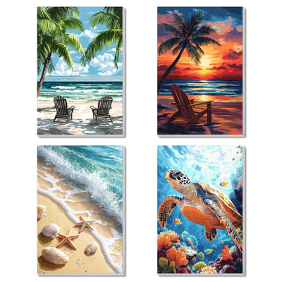 4 Pack Framed Paint by Numbers Kit for Adults Beginner Canvas Painting by Numbers for Adults Beach Easy Adult Paint by Number Kits with Frame Sea Turtle Watercolor Painting by Number 8x12 Inch