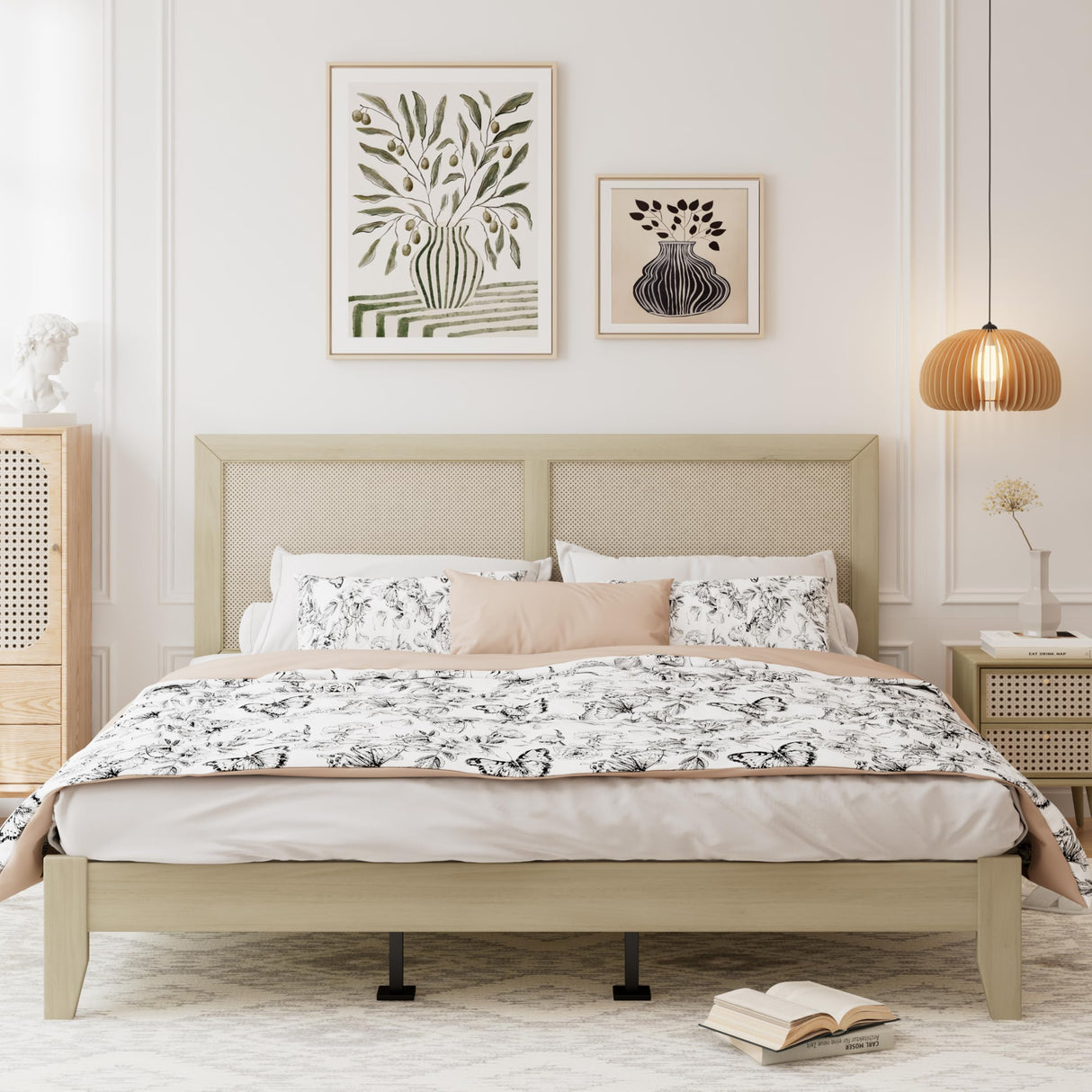 Christopher Knight Home Eudoca Natural Farmhouse Rubberwood Platform King Bed Frame with Woven Rattan Headboard, Solid Wood Bed, Bedroom Furniture, No Box Spring Needed, Noise-Free with Middle Legs Christopher Knight Home