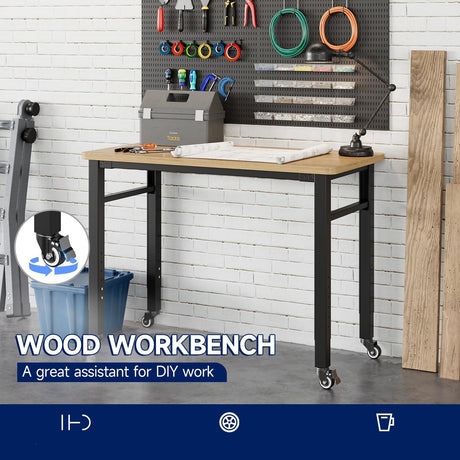 Yizosh 48" Adjustable Workbench, Portable Workbench with Wheels, Rubber Wood Top Workbench 2000 LBS Load Capacity, Heavy Duty Garage Workbench with Storage for Garage, Workshop,Office Yizosh