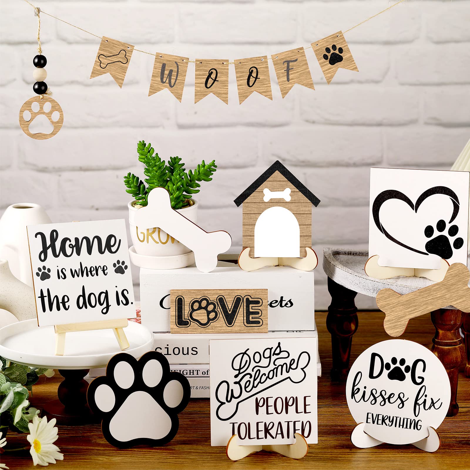 Geelin 16 Pcs Dog Tiered Tray Decor Set Wooden Dog Tray Decor Rustic Farmhouse Paw Bone Farm Decorations Mini Wood Signs for Kitchen Home Table Housewarming Gift - WoodArtSupply