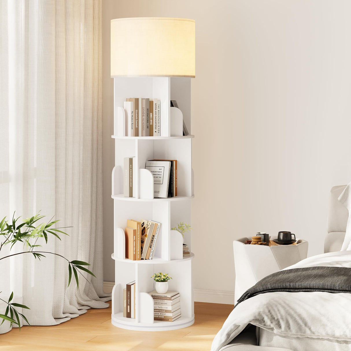 INNOD Rotating Bookshelf with Light, 4 Tier Spinning Bookshelf Tower, 360° Revolving Bookcase, Small Corner Book Shelf for Kids Rooms, Bedrooms, Living Rooms, Home Offices, and Compact Areas, White INNOD