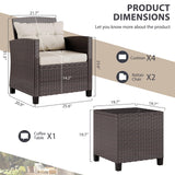 Vongrasig 3 Piece Patio Furniture Set Small Outdoor Wicker Rattan Front Porch Bistro Set Cushioned Patio Chairs Conversation Set with Glass Table for Lawn, Garden, Backyard, Balcony, Poolside (Beige) Vongrasig