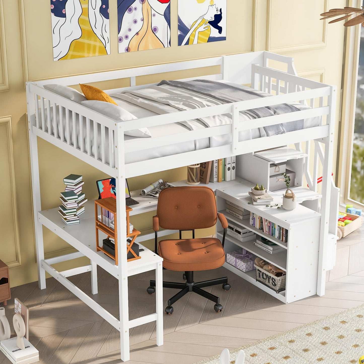 Harper & Bright Designs Multifunctional Full Size Loft Bed with Stairs and Desk in White