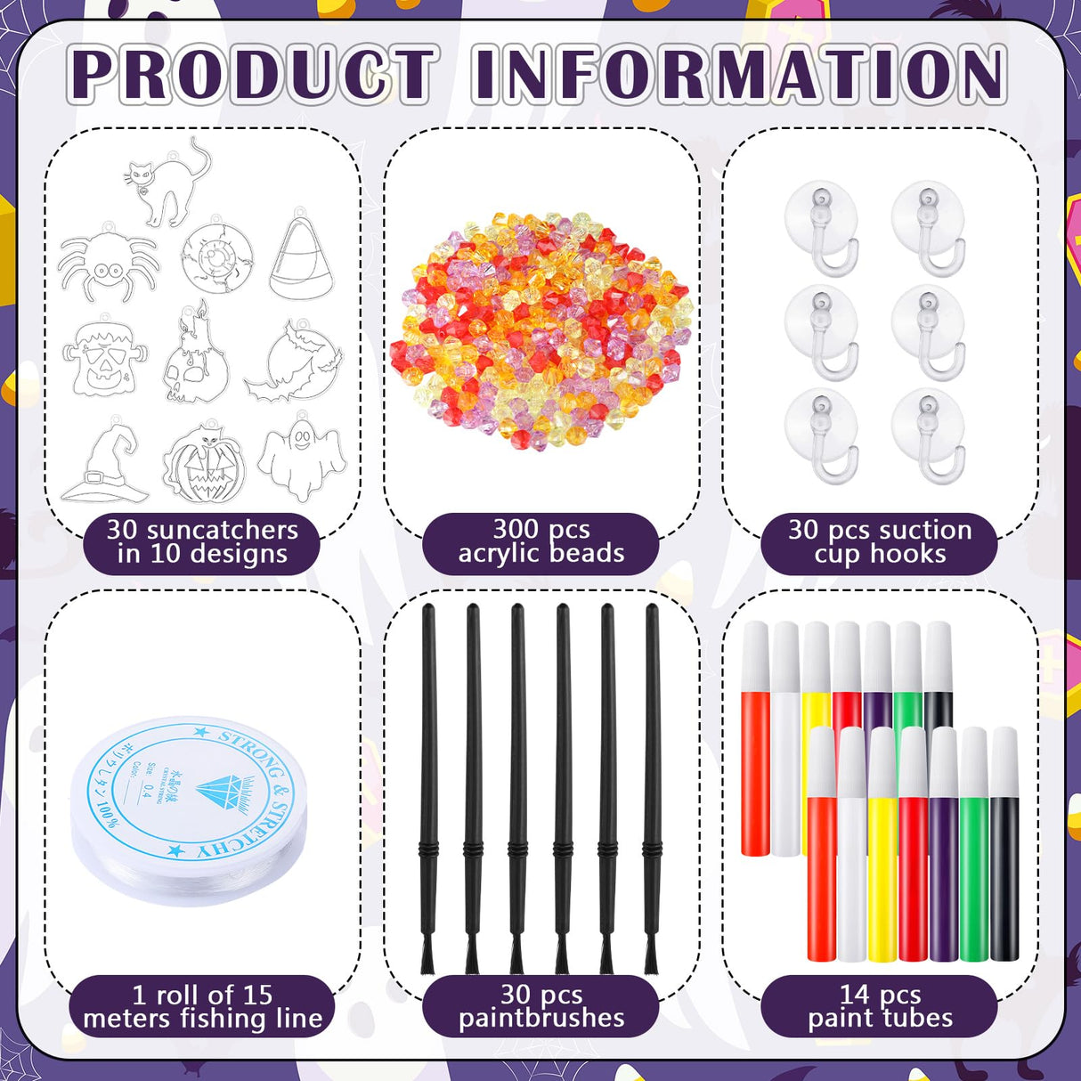 Sonwyoung 30 Sets Halloween Suncatchers Craft Kits, DIY Glow in The Dark Ghost Spider Cat Pumkin Suncatcher Kits Stained Glass Window Paint Art for Classroom Party Activities Art Craft Party Favors Sonwyoung