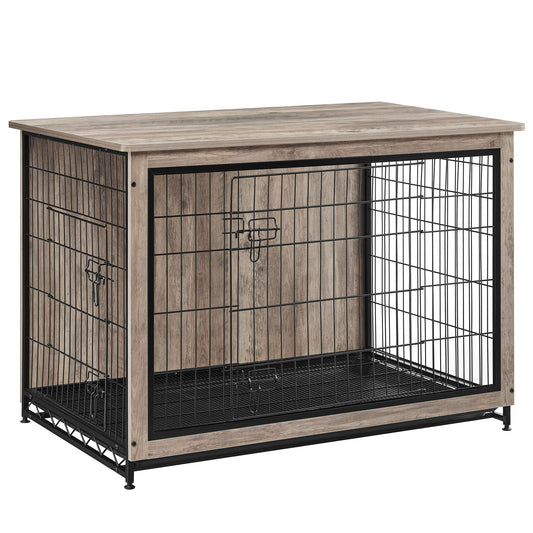 Feandrea Dog Crate Furniture, 44.1" Side End Table, Modern Kennel for Dogs Indoor up to 80 lb, Heavy-Duty Dog Cage with Multi-Purpose Removable Tray, Double-Door Dog House, Greige UPFC004G01