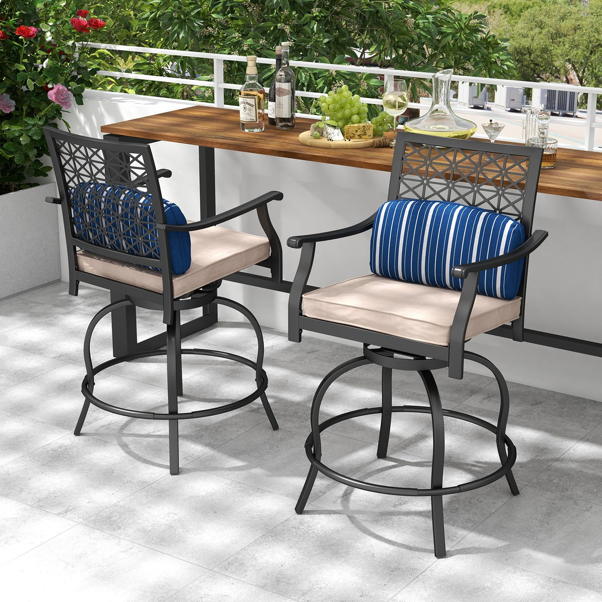 COSTWAY Outdoor Bar Chair Set of 4, 24.5 Inch Swivel Counter Height Bar Stools with Footrest, Seat Cushions & Lumbar Pillows, Metal Dining Bar Chairs for Patio, Backyard, Poolside (4) COSTWAY