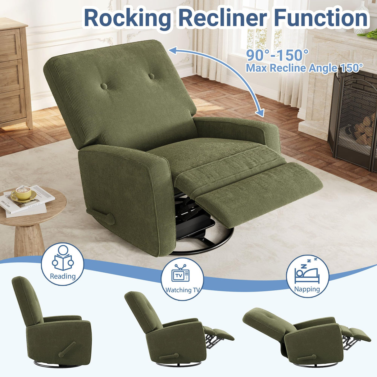 Nursery Recliner Chair, 360° Swivel Rocking Glider Chair for Adults with Adjustable Backrest & Footrest, Cozy Corduroy Upholstered Armchair for Living Rooms, Bedrooms, Apartments, Green Garvee