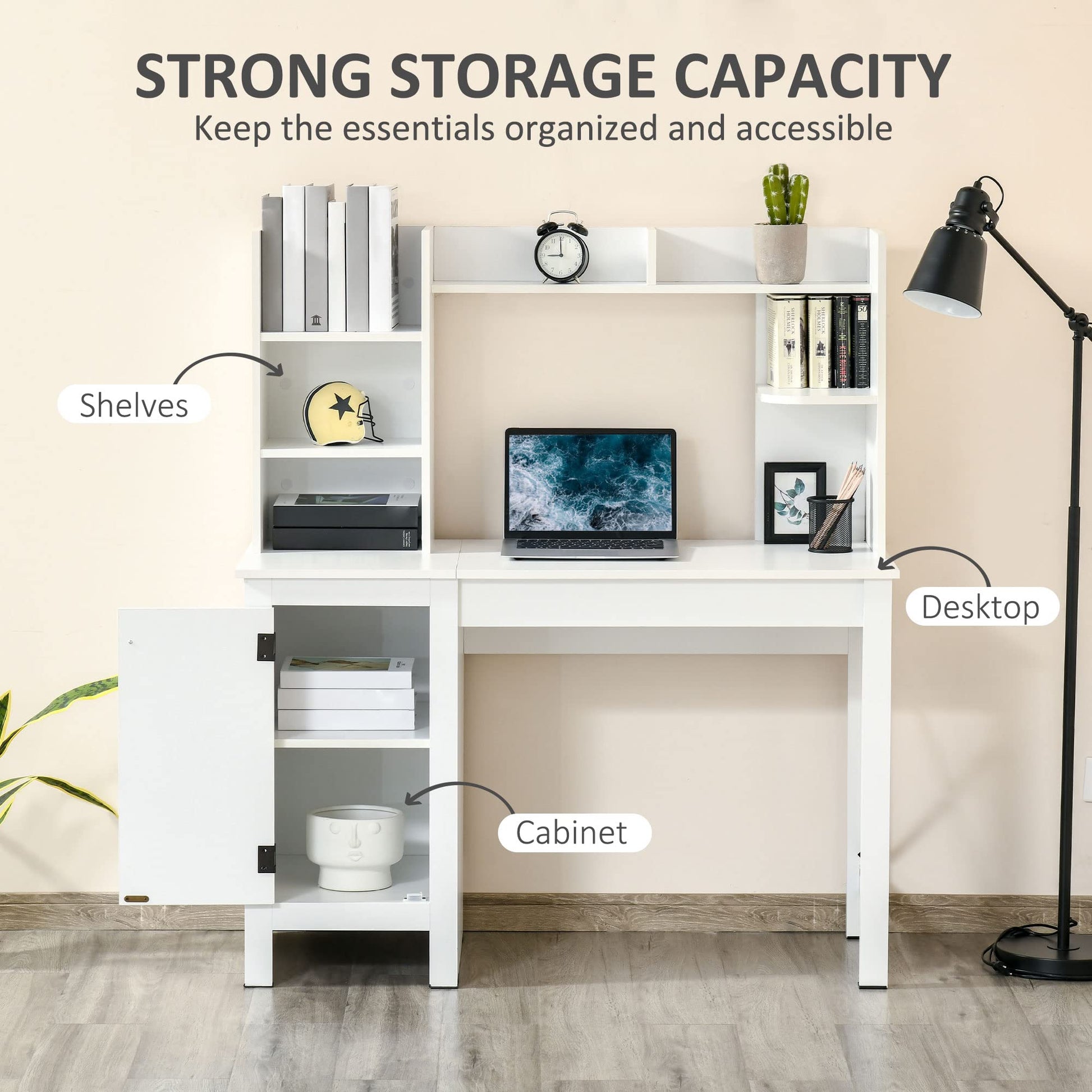 HOMCOM Farmhouse Computer Desk with Hutch and Cabinet, Home office Desk with Storage, for Study, White - WoodArtSupply