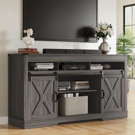 RoyalCraft TV Stand for 65+ Inch TV, Farmhouse 34'' Tall Entertainment Center for 23" Fireplace, Rustic TV Console with Sliding Bar Door for Living Room (Dark Grey) RoyalCraft