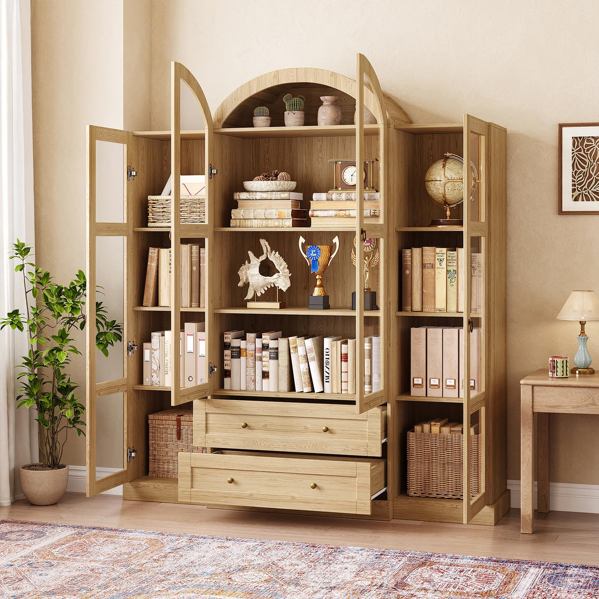 UKAOCAI 72.4" Tall Farmhouse Display Cabinet with Glass Doors,Large Wood Bookshelf with 2 Drawers & Adjustable Shelves,Arched Kitchen Pantry,for Living Room, Dining Room, Kitchen UKAOCAI