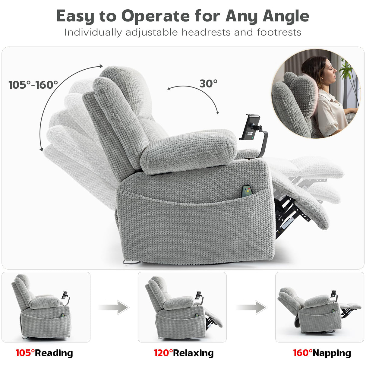 SINCRUMI Power Oversized Swivel Rocker Recliner with Dual Motor Adjustable Headrest for Adults, Glider Rocking Chair with Vibration and Heat, USB A&C Ports, Armrest Storage, Cup Holder, Light Grey SINCRUMI