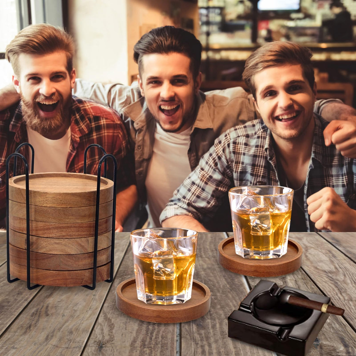 Rustic Wooden Coasters Set of 8 Farmhouse Coffee Table Decor Acacia Wood Drink Coaster with Holder Modern Outdoor Bar Cool Cup Costers Kitchen Accessories Decoration Home Dining Coasters Gift Renawe